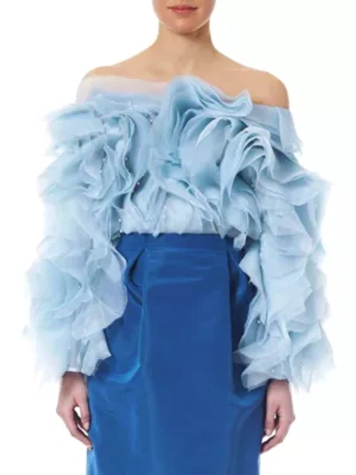 Shop Carolina Herrera Faux-pearl Embellished Chiffon Ruffle Off-the-shoulder Blouse In Celeste Multi