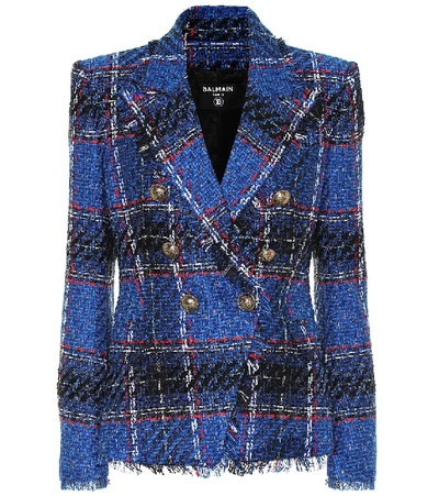 Shop Balmain Tartan Tweed Blazer In Blue