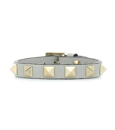 Shop Valentino Rockstud Leather Bracelet In Grey