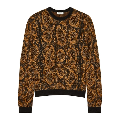 Shop Saint Laurent Brown Snake-intarsia Knitted Jumper
