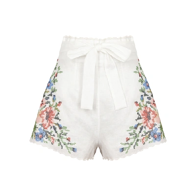 Shop Zimmermann Juliette Embroidered Linen Shorts In Ivory