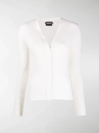 Shop Tom Ford Ribbed Long-sleeved Cardigan In White