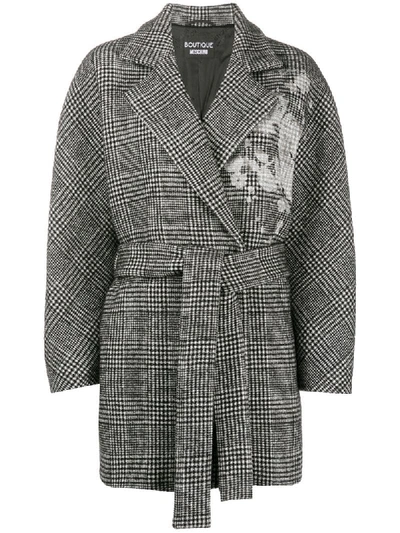 Shop Boutique Moschino Check Waist-tied Coat In Black