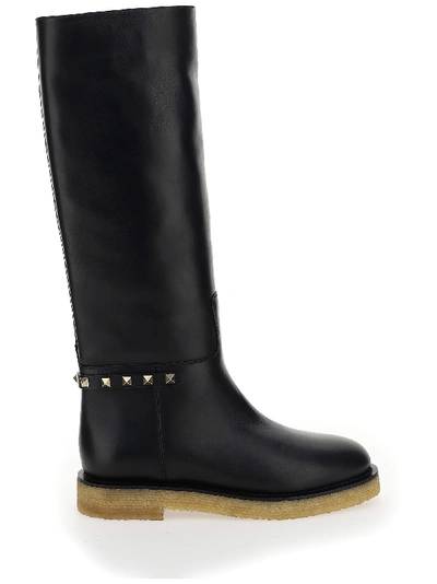 Shop Valentino Rockstud Knee-high Boots In Nero/nero/naturale