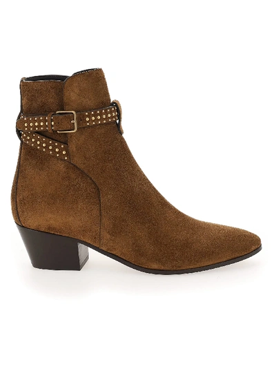 Shop Saint Laurent West Jodhpur Boots In Suede With Studs In Land