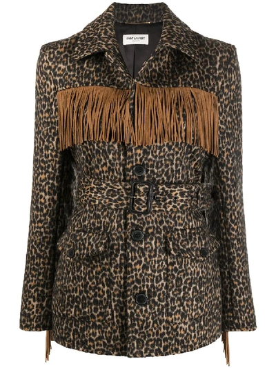 Shop Saint Laurent Leopard Print Tasselled Jacket In Neutrals