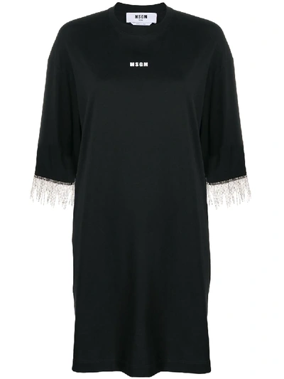 Shop Msgm Crystal Fringe T-shirt Dress In Black