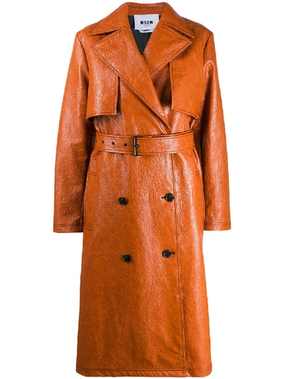 Shop Msgm Belted Trench Coat In Brown