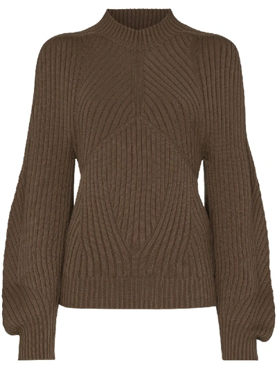 Shop Low Classic Ribbed-knit Puff-sleeve Jumper In Brown