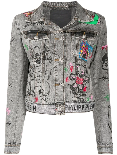 Shop Philipp Plein Graffiti Print Denim Jacket In Grey