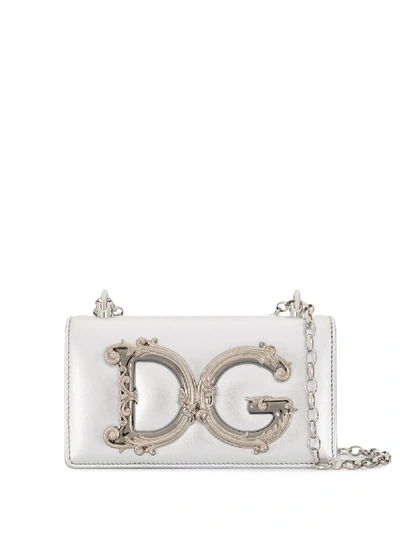 Shop Dolce & Gabbana Dg Girls Leather Phone Bag In Silver