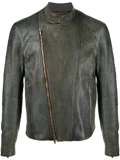 Shop Ajmone Diagonal Zip Leather Jacket In Green