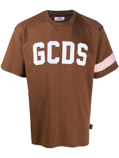 Shop Gcds Embroidered Logo Crew Neck T-shirt In Brown