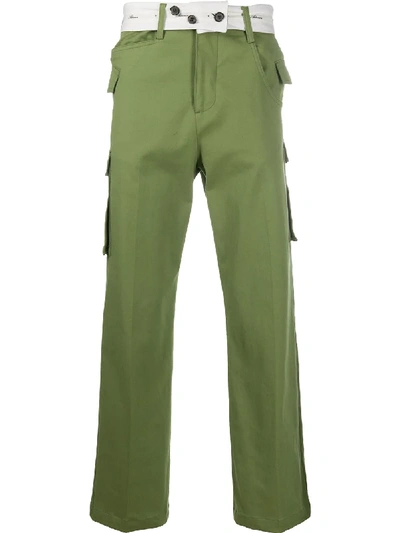 Shop Ader Error Wide Leg Trousers With Belt Button Detail In Green