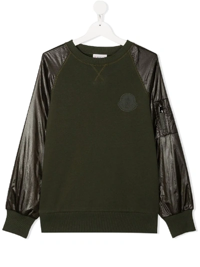 Shop Moncler Teen Crew Neck Sweatshirt With Contrast Sleeves In Green