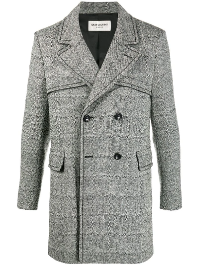 Shop Saint Laurent Double-breasted Grained Coat In Grey