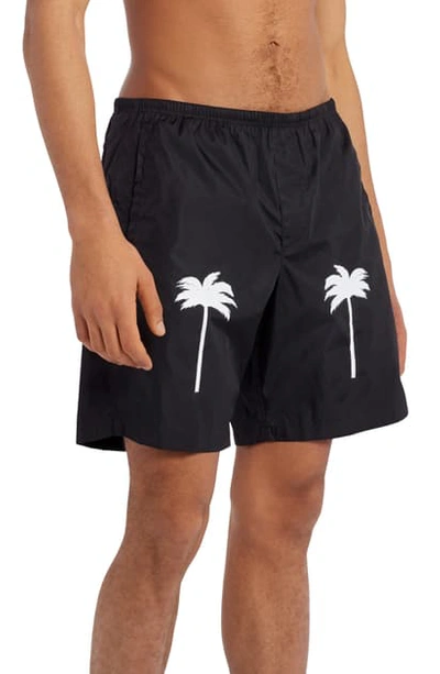 Shop Palm Angels Palm Print Swim Trunks In Black White