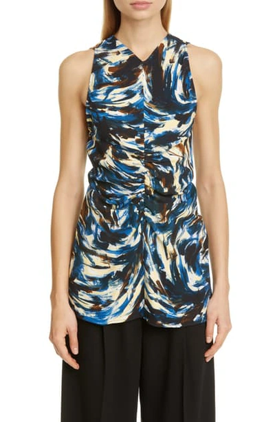 Shop Proenza Schouler Paint Print Ruched Cady Tank In Blue/ Black/ Butter Feather