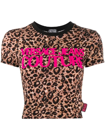 Shop Versace Jeans Couture Leopard Logo Cropped T-shirt In Black