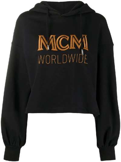 Shop Mcm Embroidered Logo Hoodie In Black
