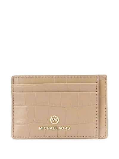 Shop Michael Michael Kors Crocodile Effect Cardholder With Multiple Slip Pockets In Neutrals