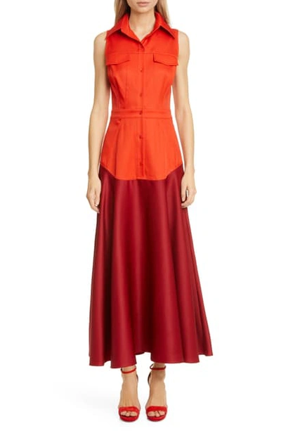 Shop Brandon Maxwell Colorblock Wool Blend Gazar Shirtdress In Poppy Red / Bordeaux Combo