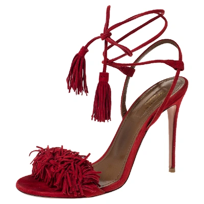 Pre-owned Aquazzura Red Suede Leather Wild Thing Fringe Details Ankle Wrap Sandals Size 37