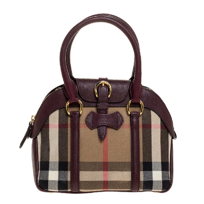 Pre-owned Burberry Burgundy House Check Canvas And Leather Small Milverton Satchel