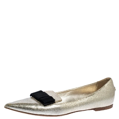 Pre-owned Jimmy Choo Metallic Gold Textured Leather Gala Bow Ballet Flats Size 37.5