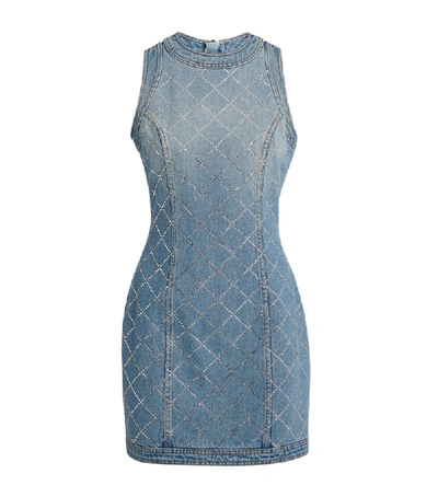 Shop Balmain Crystal-embellished Denim Mini Dress