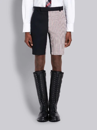 Shop Thom Browne Navy Wool Double Face Crepe Funmix Chino Short In Blue