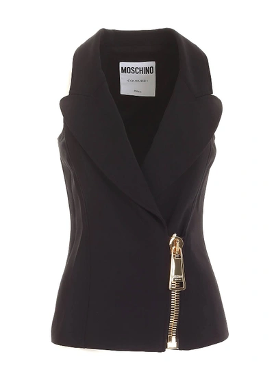 Shop Moschino Stretch Viscose Maxi Zipper Waistcoat In Black