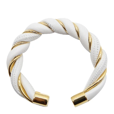 Shop Bottega Veneta White Braided Leather And Gold Plated Silver Bracelet
