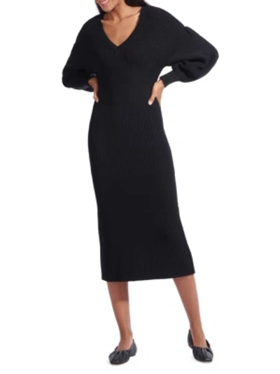 Shop Staud Carnation Long Balloon-sleeve Midi Sweater Dress In Black