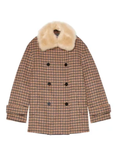 Shop Theory Shearling-collar Plaid Peacoat In Camel Multi