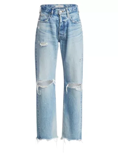 Shop Moussy Vintage Odessa Distressed Wide Straight-leg Jeans In Blue