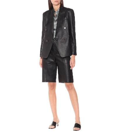 Shop Vince Double-breasted Leather Blazer In Black