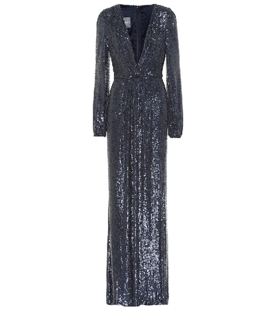 Shop Monique Lhuillier Sequined Gown In Blue