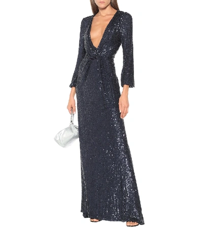 Shop Monique Lhuillier Sequined Gown In Blue