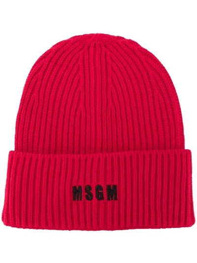 Shop Msgm Embroidered Logo Ribbed Beanie In Red