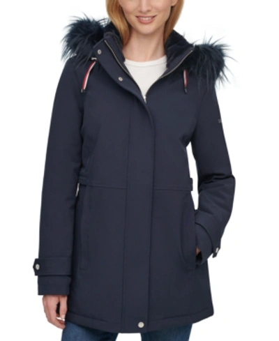 Shop Tommy Hilfiger Faux-fur Trim Hooded Raincoat In Navy