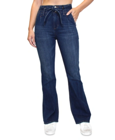 Shop Almost Famous Juniors' High Rise Tie-waist Flare Jeans In Dark Blue