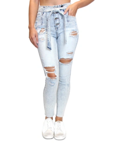 Shop Almost Famous Juniors' High Rise Destructed Belted Skinny Jeans In Light Acid