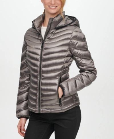 Shop Calvin Klein Shine Hooded Packable Down Puffer Coat, Created For Macy's In Shine Granite