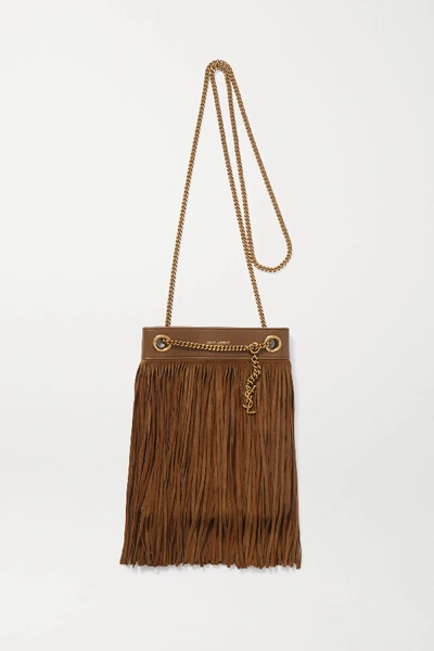 Shop Saint Laurent Grace Small Leather-trimmed Fringed Suede Shoulder Bag In Tan