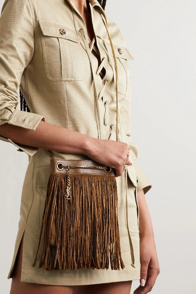 Shop Saint Laurent Grace Small Leather-trimmed Fringed Suede Shoulder Bag In Tan