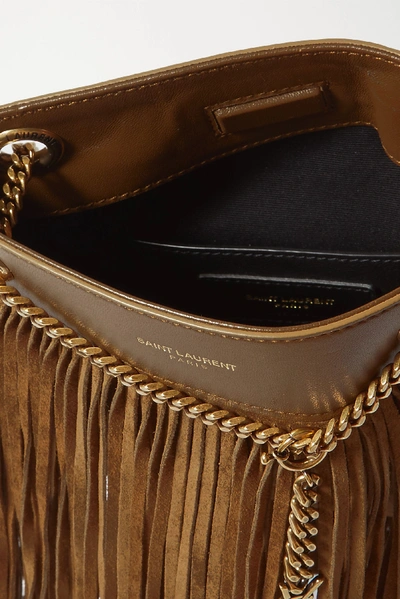 Shop Saint Laurent Grace Small Leather-trimmed Fringed Suede Shoulder Bag In Tan