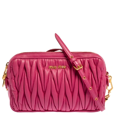 Pre-owned Miu Miu Fuchsia Matelasse Leather Double Zip Crossbody Bag In Pink