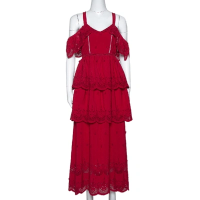 Pre-owned Self-portrait Raspberry Red Lace Tiered Off Shoulder Dress S