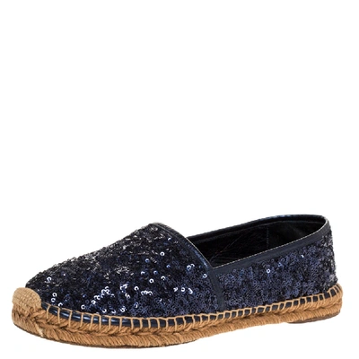 Pre-owned Dolce & Gabbana Metallic Blue Sequins And Leather Trim Espadrille Flats Size 41